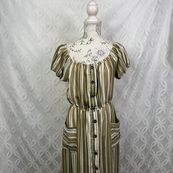 Naif Stripped Milkmaid Boho Earth Tone Midi Button Down Dress Size S - Picture 9 of 10